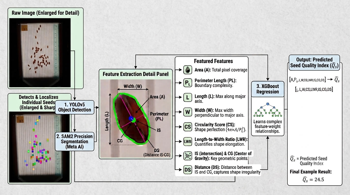 AgSolaire-ML pipeline: YOLOv5 detection, SAM2 segmentation, morphological feature extraction, and XGBoost regression