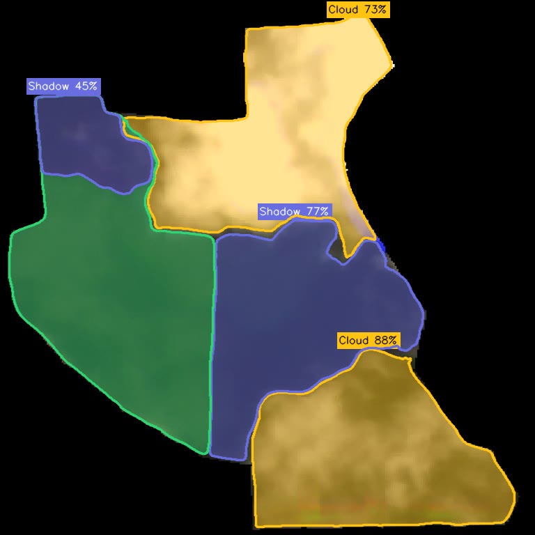 Satellite scene segmented into land parcels with cloud and shadow masks and confidence scores
